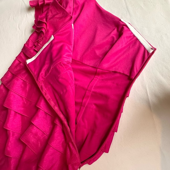 London Times Womens Dress One Shoulder Fuchsia Pink Tiered Ruffles Knee Length 8 - Picture 10 of 12